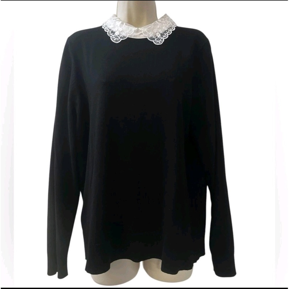 Cable & Gauge Black Long Sleeve Knit Sweater White Lace Peter Pan Collar